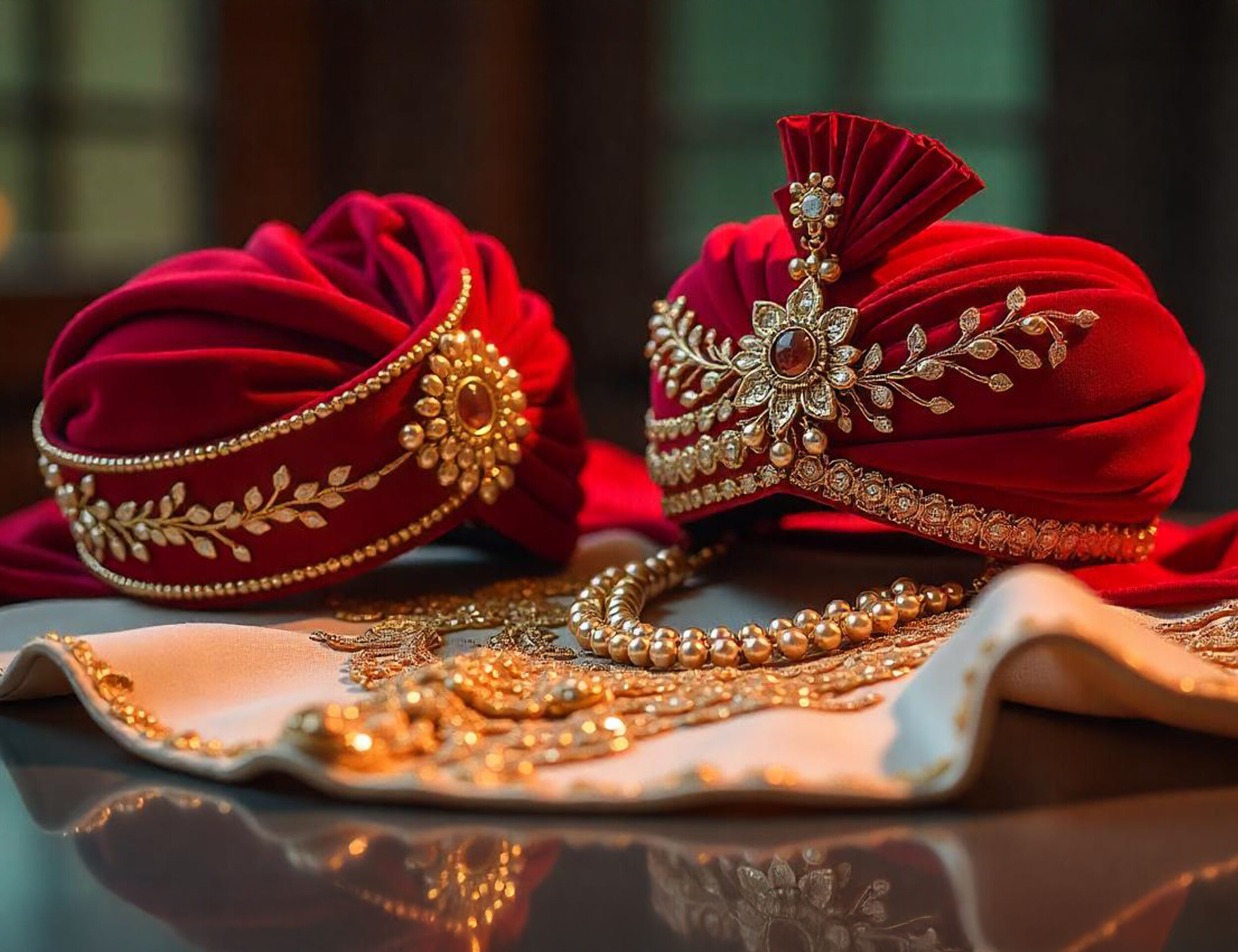 Elegant red safas adorned with golden brooches, perfect for a regal groom's wedding look.